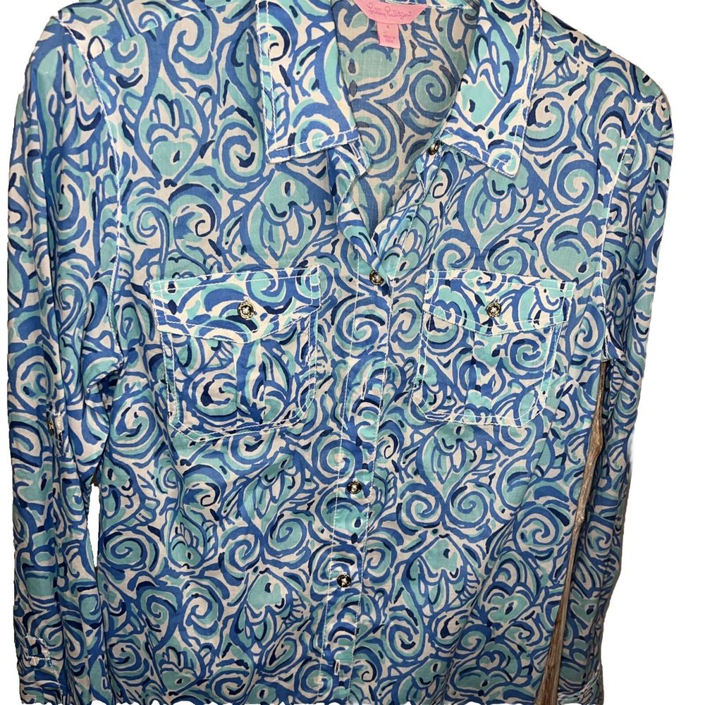WOMENS‎ LILLY PULITZER LONG SLEEVE BLUE FISH PRINT BUTTON UP SZ 4 SZ SMALL